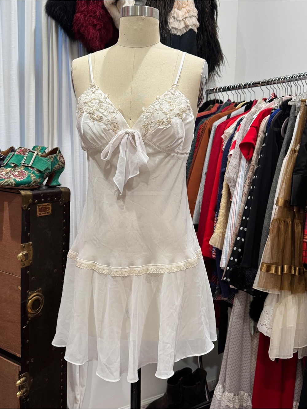 Bettie Page Cream Lace-Trim Slip Dress